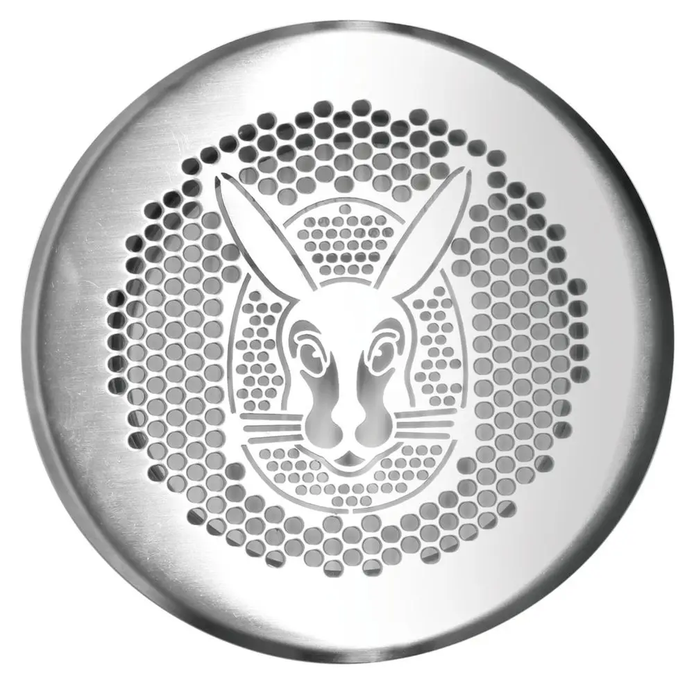 Rundes Edelstahlgitter mit Durchlüftungsöffnungen, gestaltet mit einem Hasenmotiv. Produkt von Vaillant zur Verwendung in Zu- und Abluftsystemen.